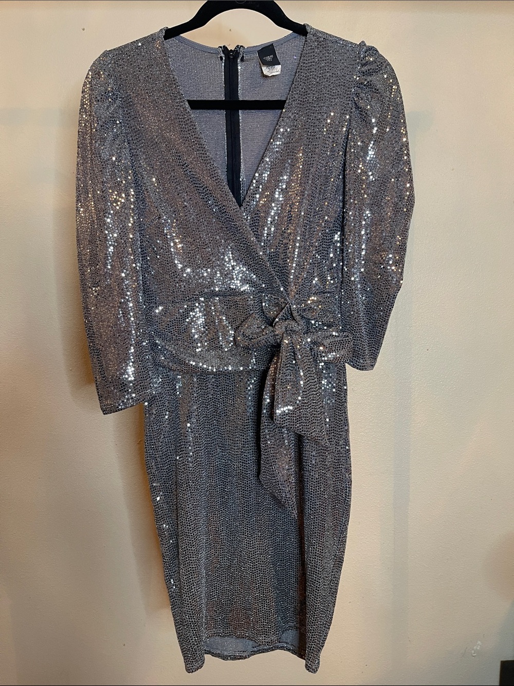 Silver Sequin Wrap Dress with bow